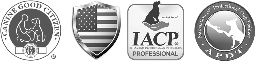 AKC Canine Good Citizen, IACP Professional and Association of Professional Dog Trainers badges